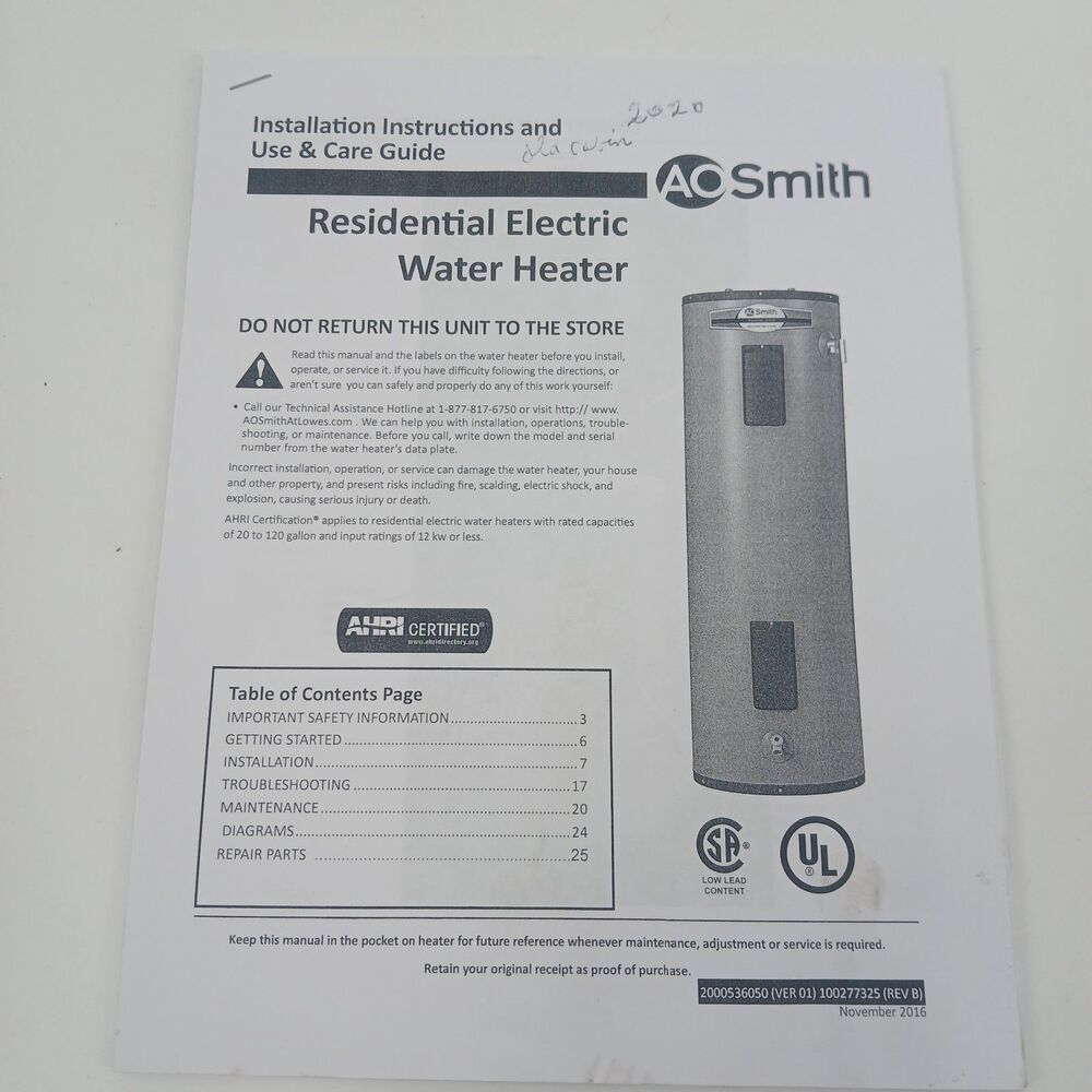 AO Smith Residential Electric Water Heater Use and Care Manual Guide